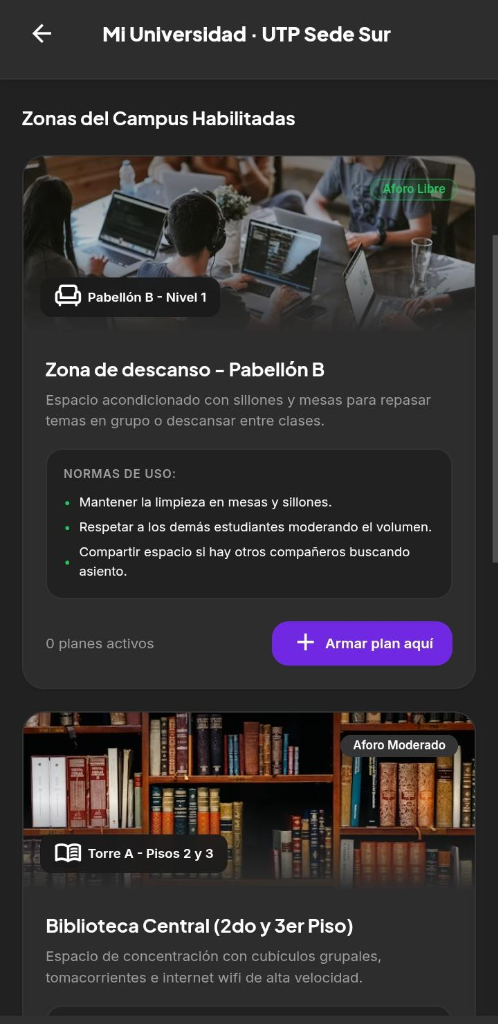 Zonas del Campus Habilitadas - Pabellón B y Biblioteca Central
