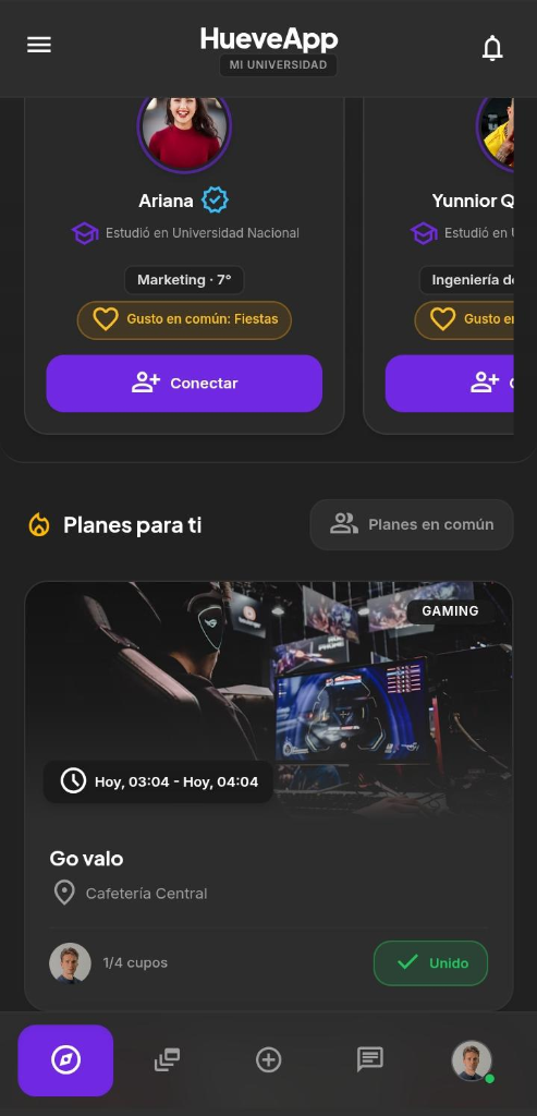 Planes y Afinidad Estudiantil en Modo Oscuro