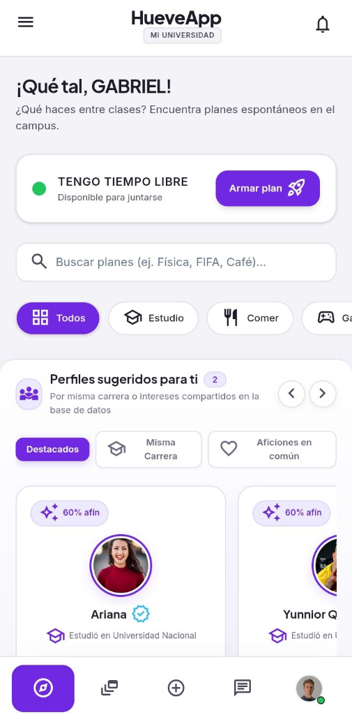 HueveApp Pantalla Principal de Bienvenida y Planes